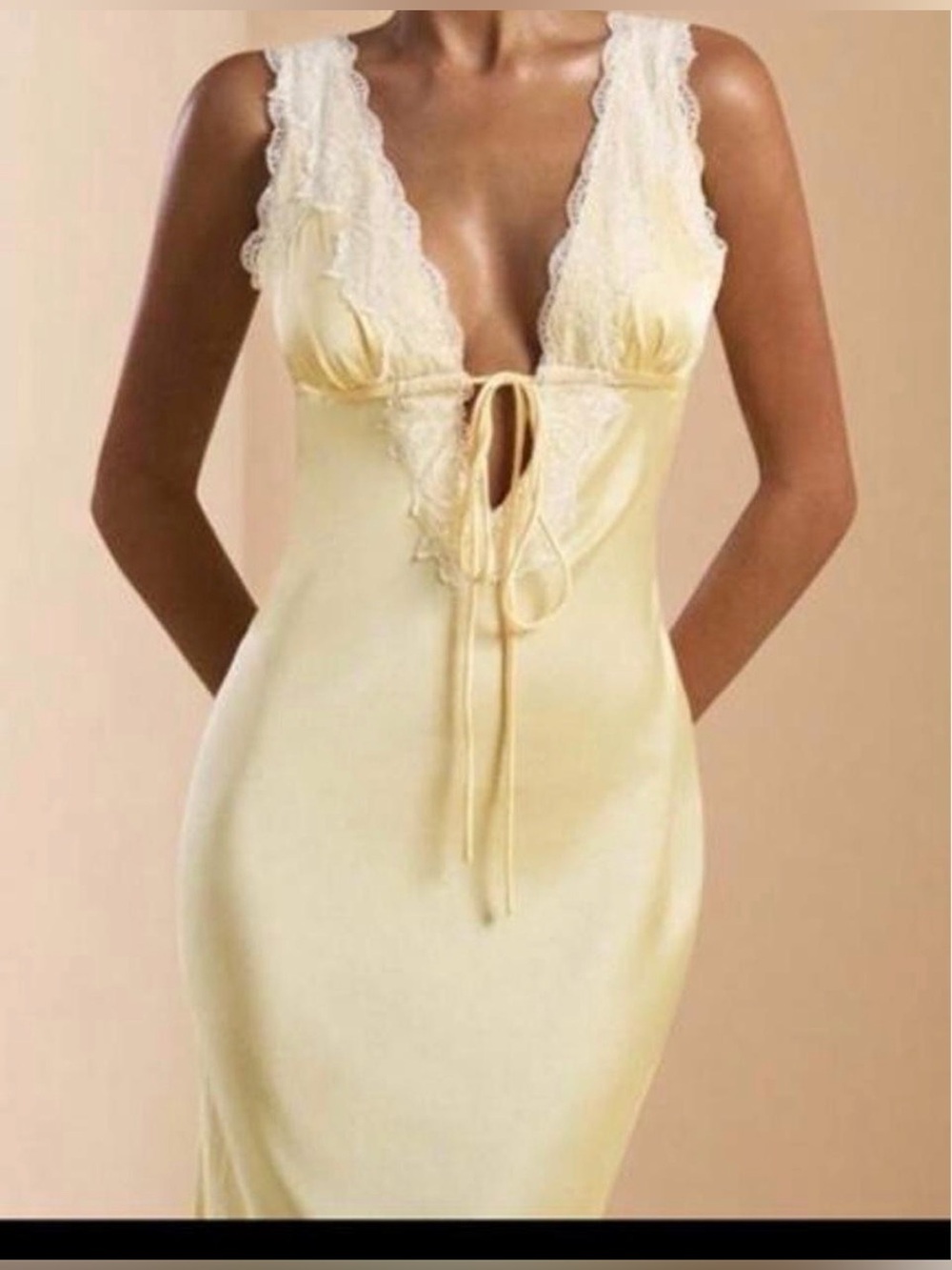 Lace-Trim Satin Chemise long formal dress  in Pale Yellow